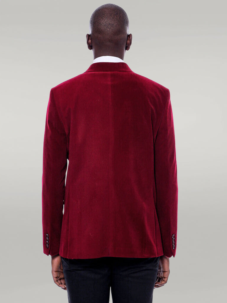 Wide Peak Lapel Velvet Burgundy Men Blazer - Wessi