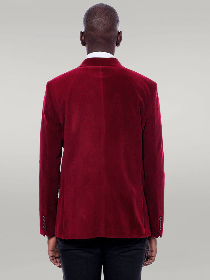 Wide Peak Lapel Velvet Burgundy Men Blazer - Wessi