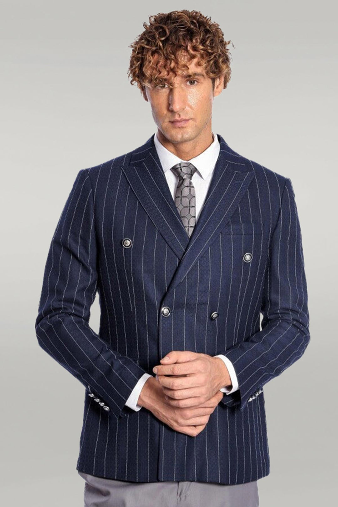 Blazer de hombre azul marino con doble botonadura y corte slim a rayas - Wessi