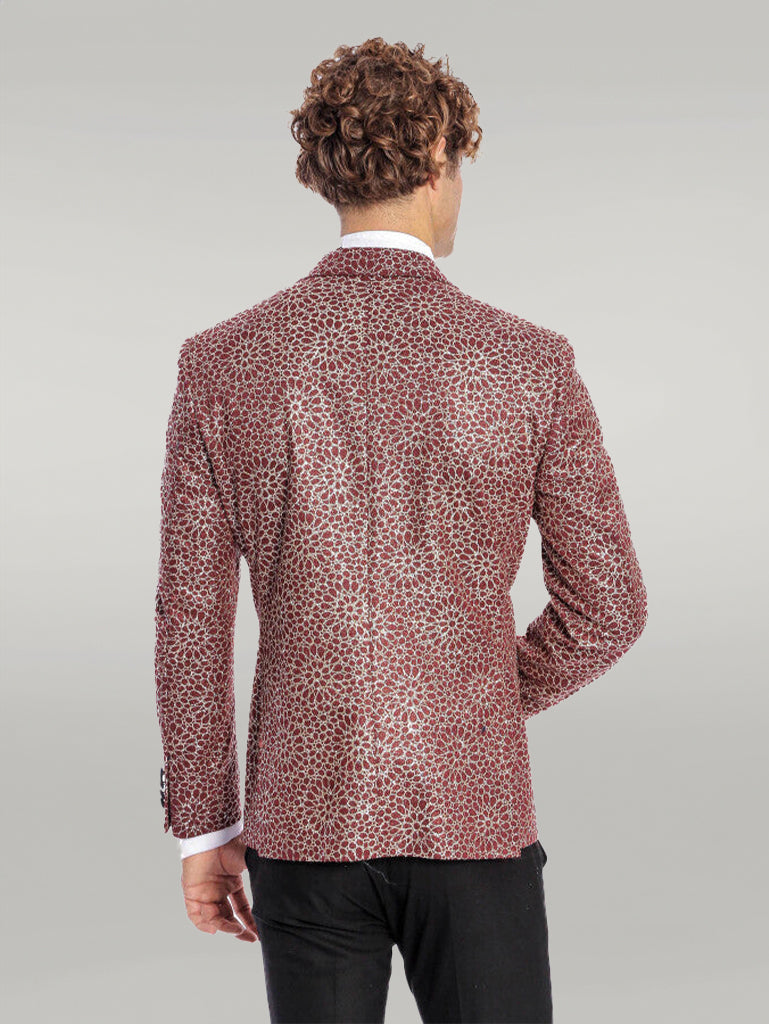 Flower Embroidered Pattern Burgundy Men Prom Blazer - Wessi