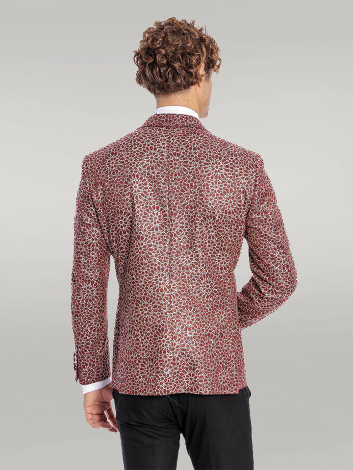 Flower Embroidered Pattern Burgundy Men Prom Blazer - Wessi