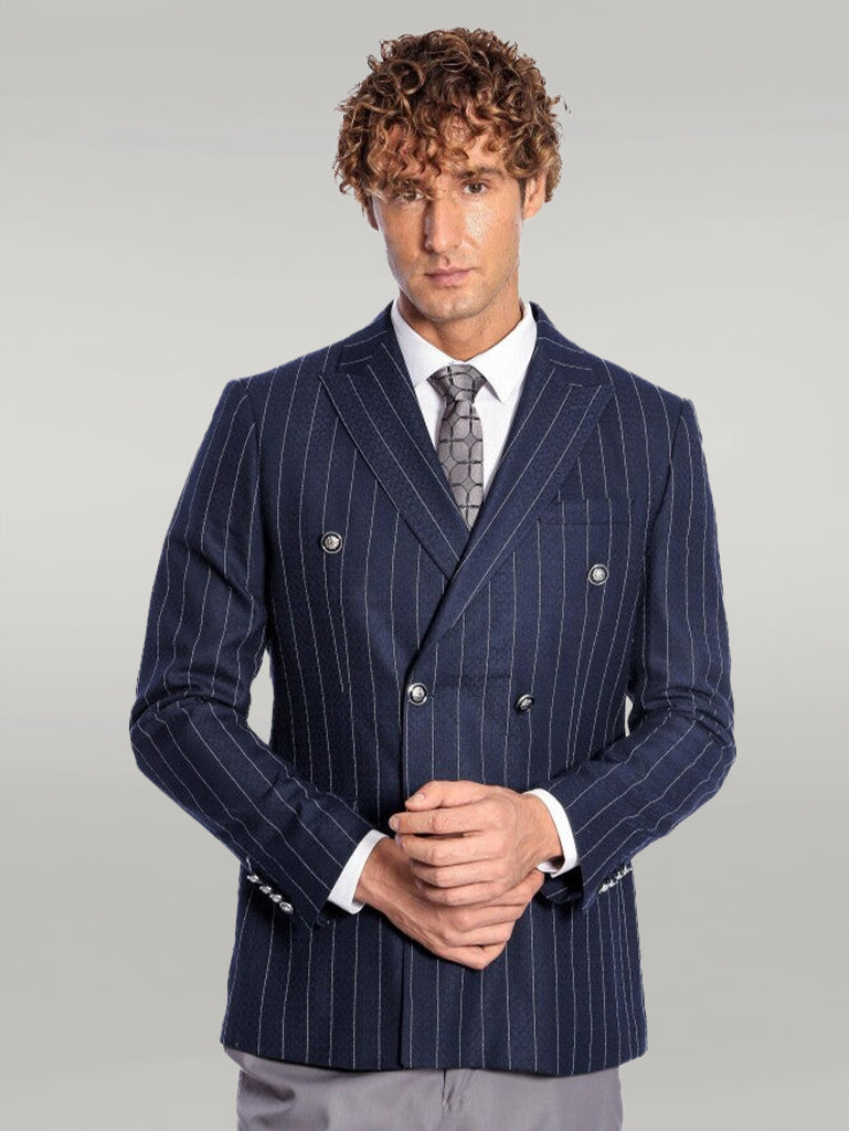 Double Breasted Slim Fit Striped Navy Blue Men Blazer - Wessi