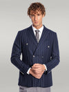 Double Breasted Slim Fit Striped Navy Blue Men Blazer - Wessi