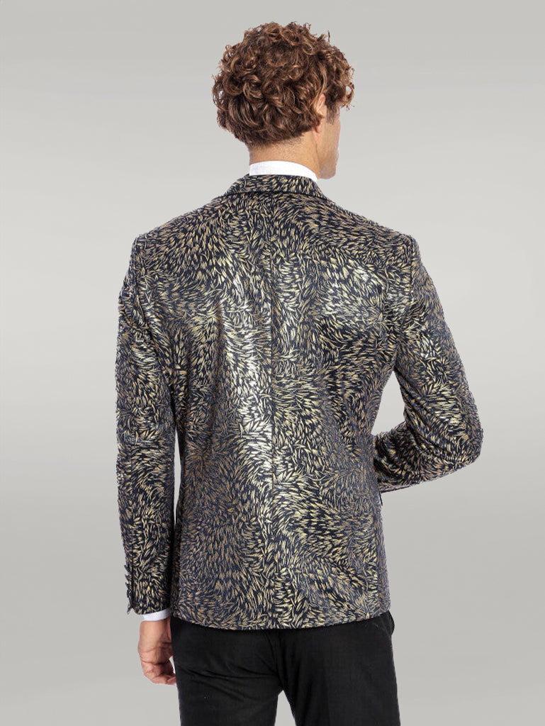 Feather Patterned Slim Fit Navy Blue Men Prom Blazer - Wessi