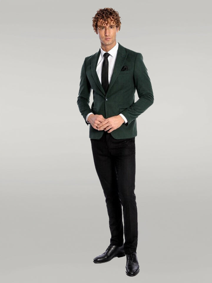 Peak Lapel Single Button Plain Green Men Blazer - Wessi