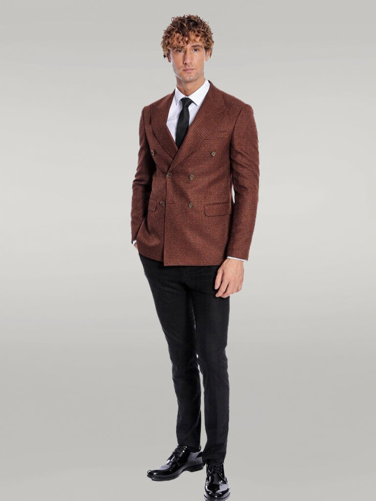 Houndstooth Patterned Brown Men Double Breasted Blazer - Wessi