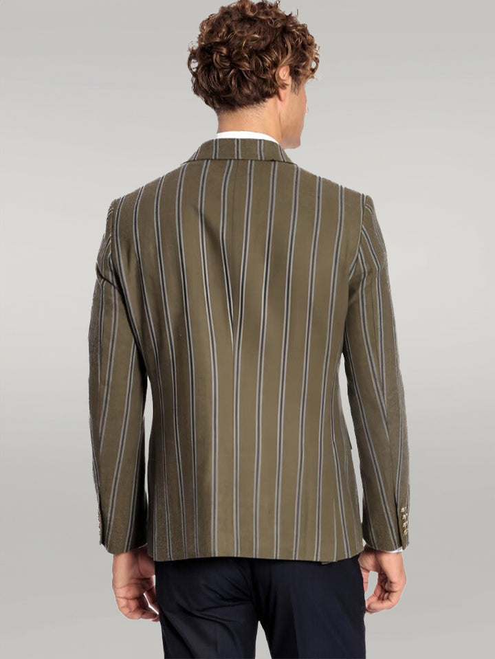 Wide Lapel Striped Double Breasted Green Men Blazer - Wessi