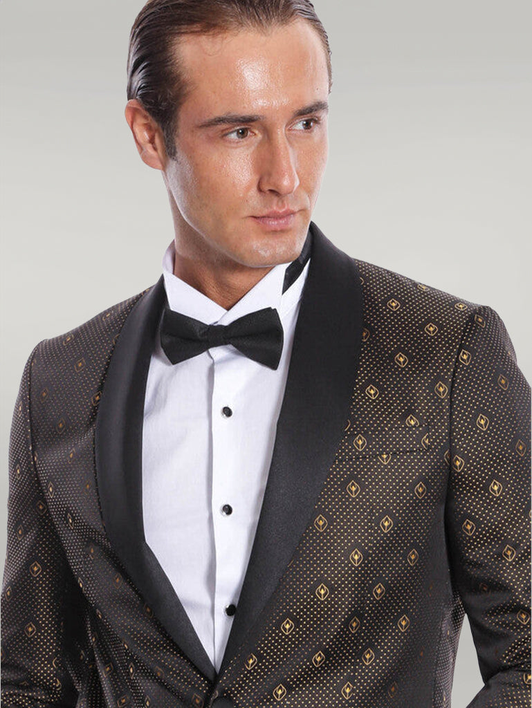 Shawl Lapel Gold Dot Patterned Over Black Men Tuxedo Blazer - Wessi