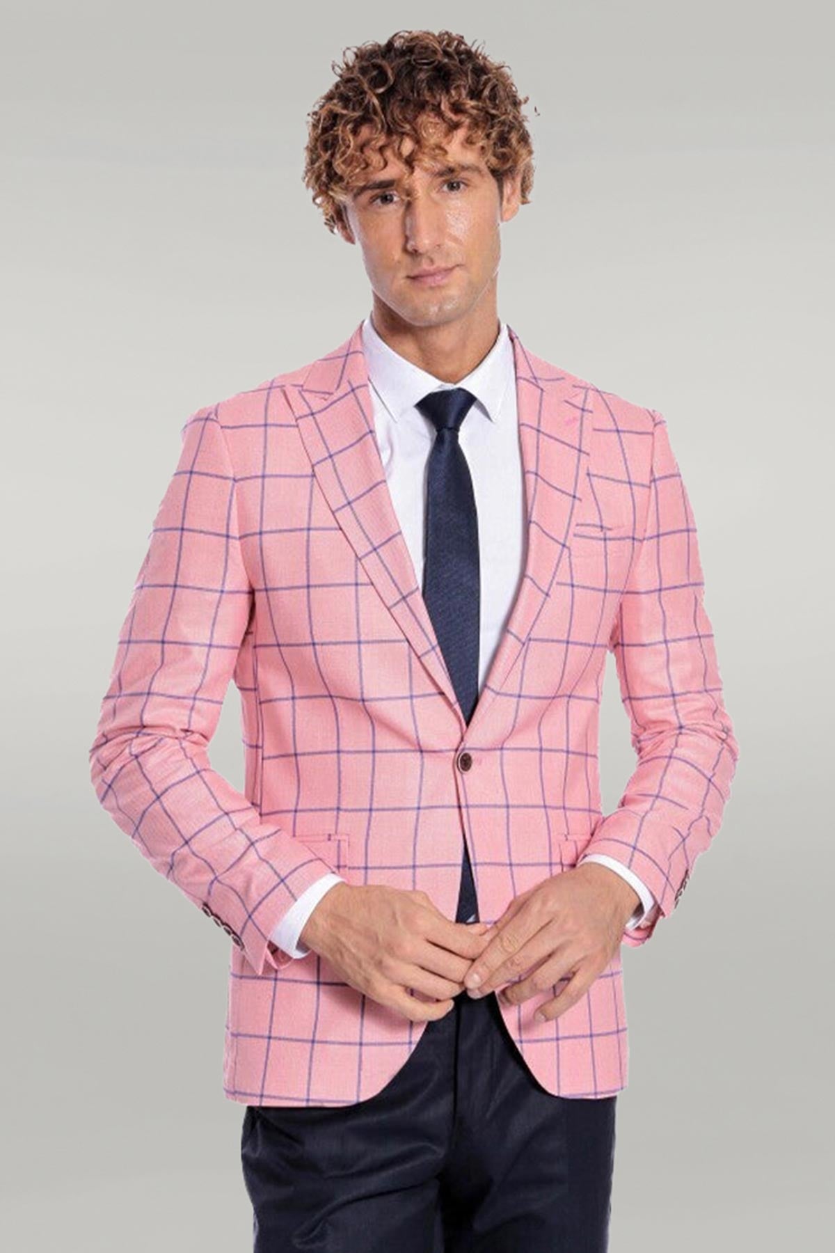 Blue Plaid Patterned Slim Fit Pink Men Blazer Wessi