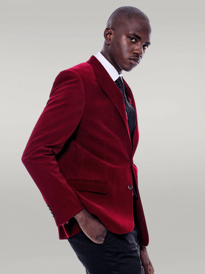 Wide Peak Lapel Velvet Burgundy Men Blazer - Wessi