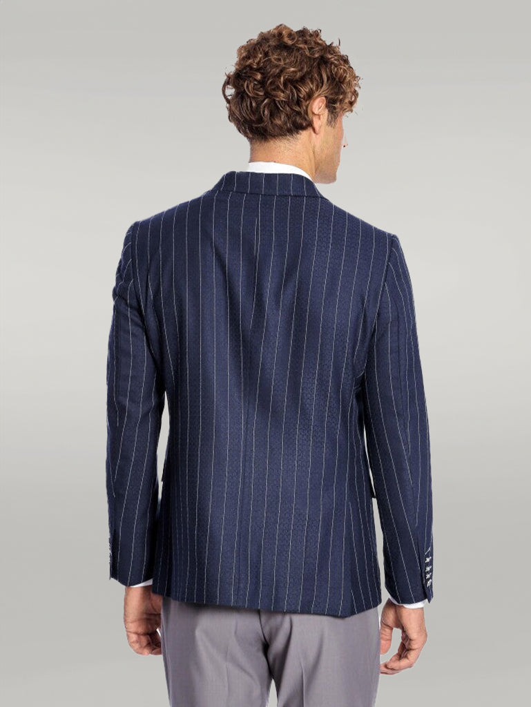 Double Breasted Slim Fit Striped Navy Blue Men Blazer - Wessi