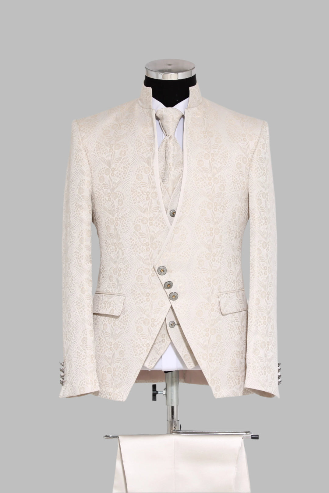 3-Piece Mandarin Collar Patterned Asymmetric Cut Ivory Men's Tuxedo - Wessi