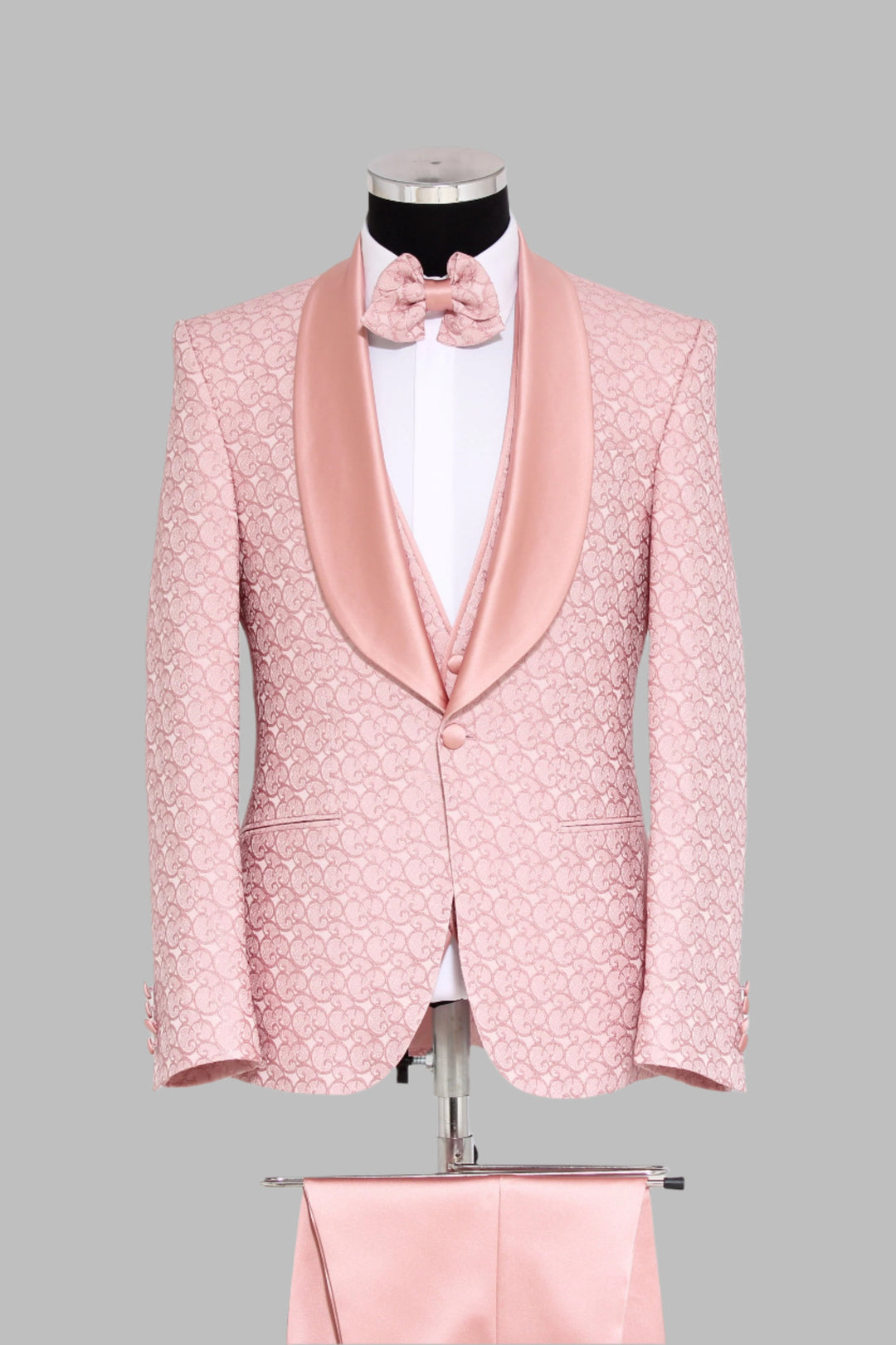 Smoking Homme 3 Pièces Rose Revers Satin Texturé avec Noeud Papillon - Wessi