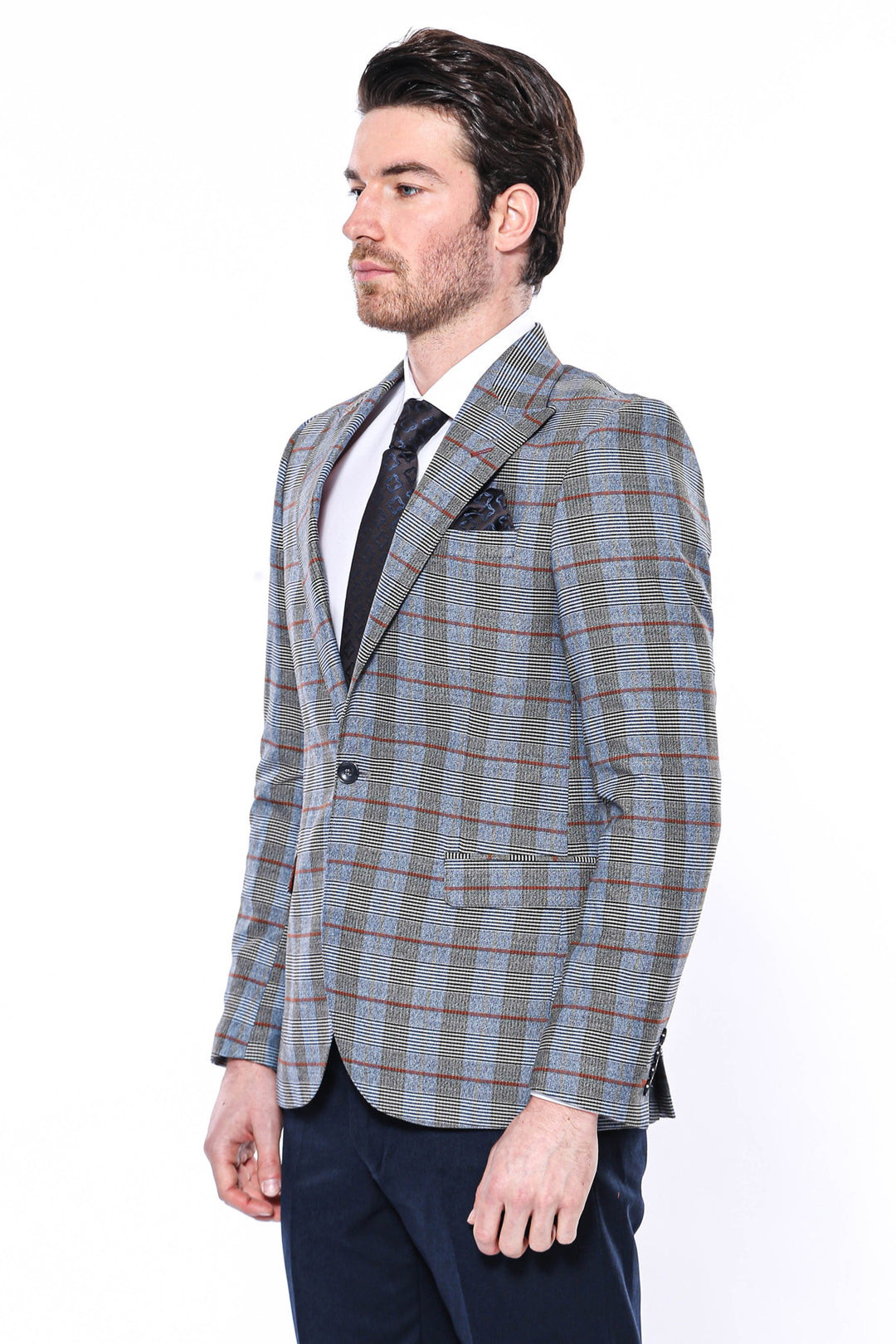 Checked Single Button Navy Blue Men Blazer - Wessi