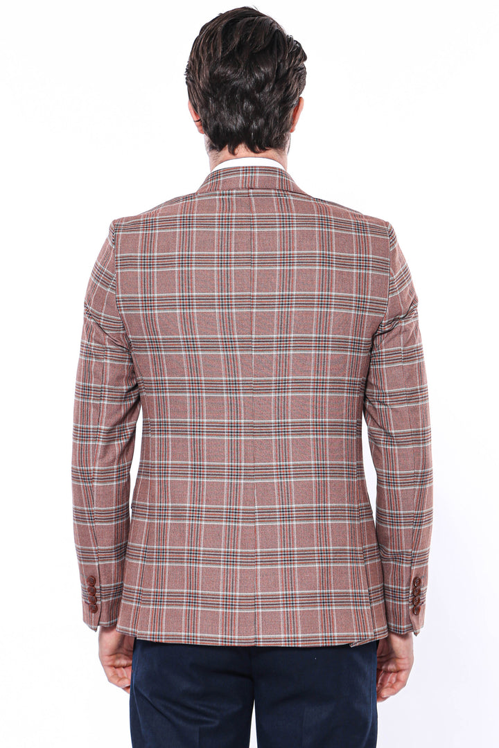 Checked Single Button Burgundy Men Blazer - Wessi