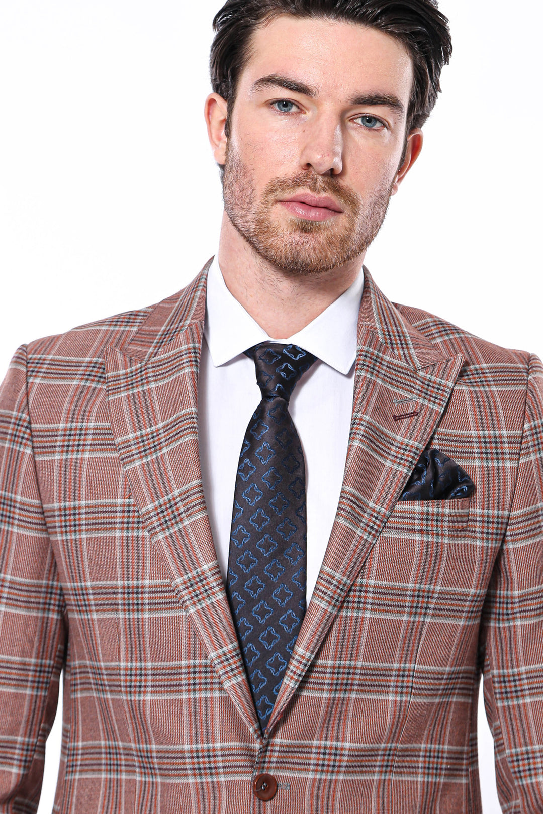 Checked Single Button Burgundy Men Blazer - Wessi