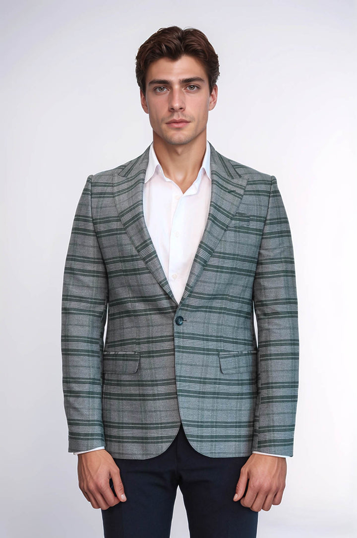 Blazer de hombre de cuadros slim fit con un solo botón verde - Wessi