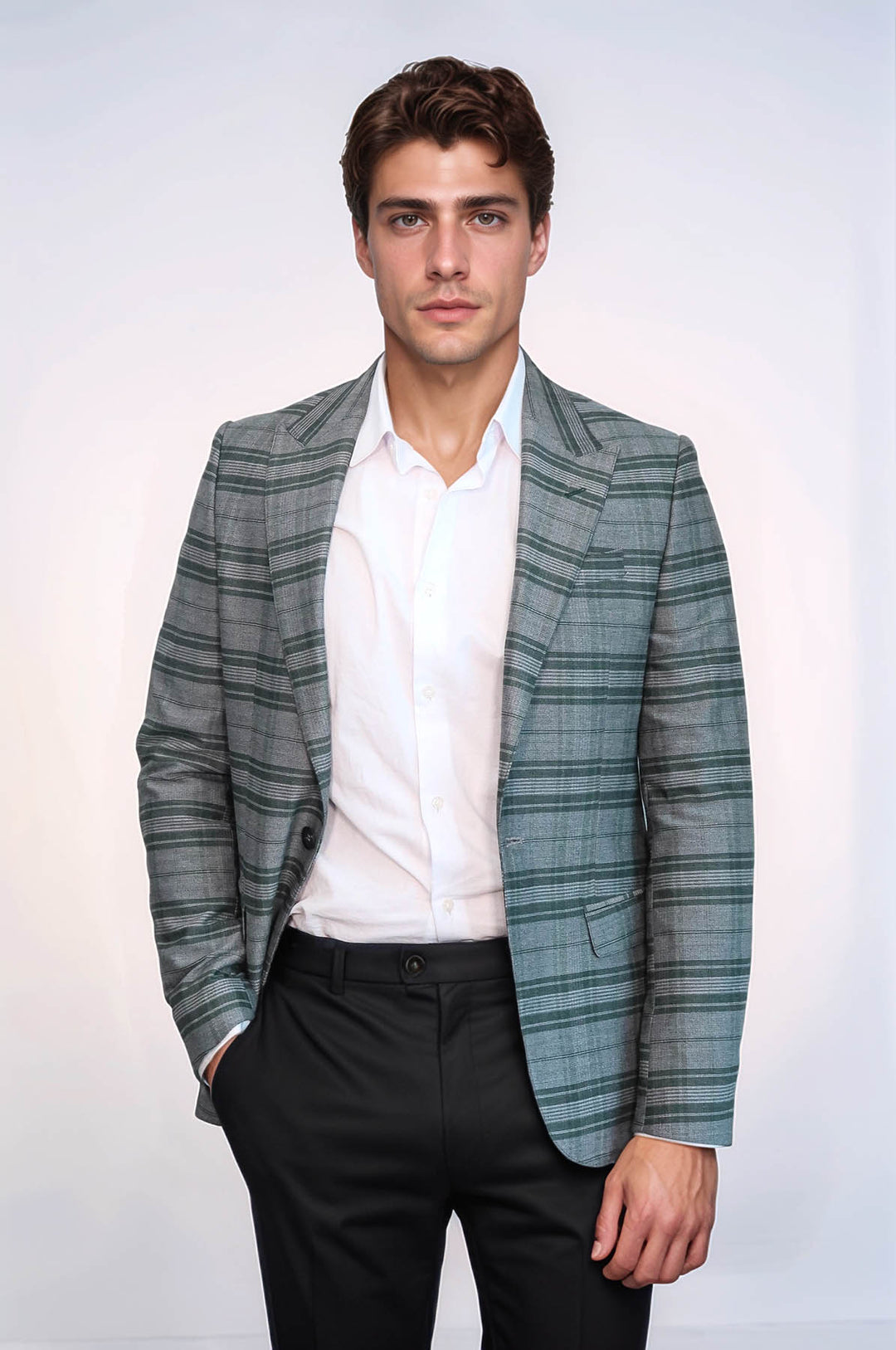 Blazer de hombre de cuadros slim fit con un solo botón verde - Wessi