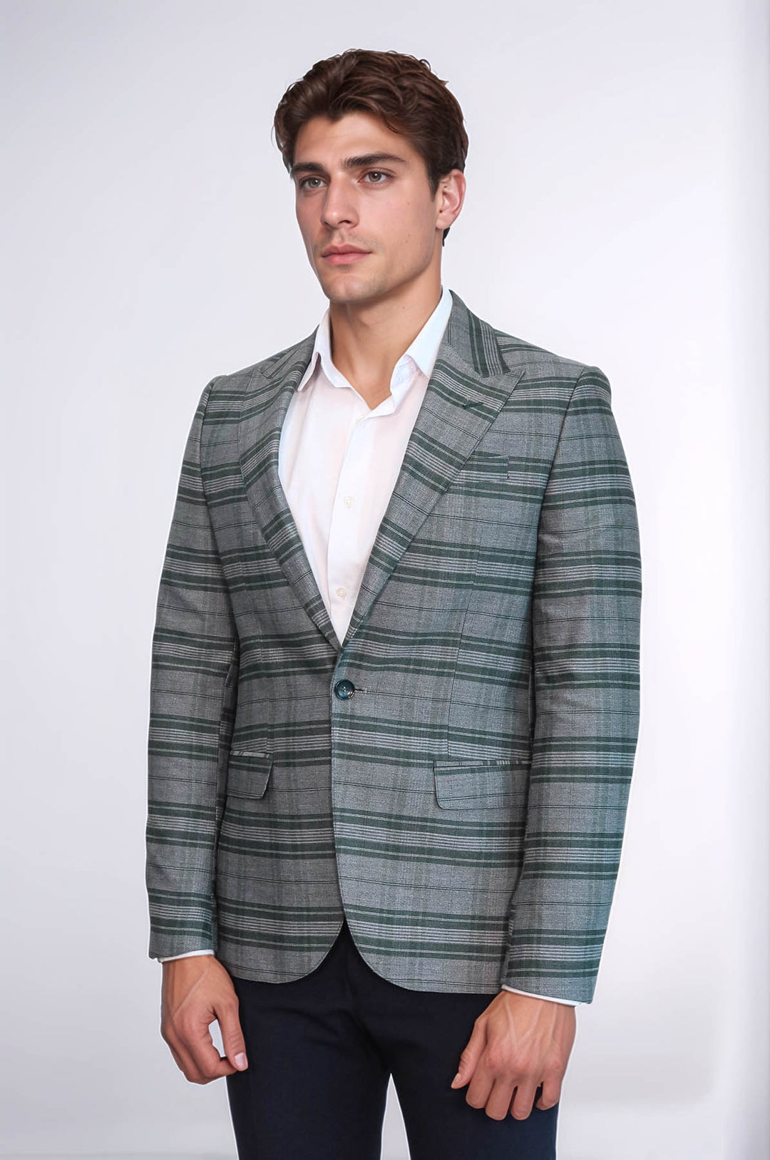 Blazer de hombre de cuadros slim fit con un solo botón verde - Wessi