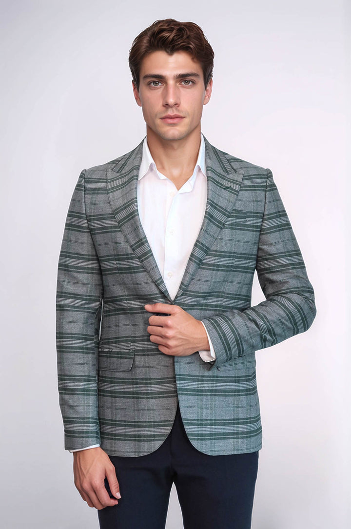 Blazer de hombre de cuadros slim fit con un solo botón verde - Wessi