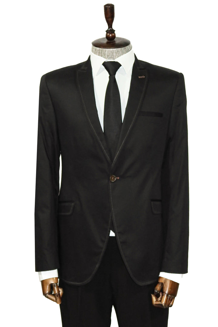 Single Button Cotton Mono Lapel Black Jacket-Wessi