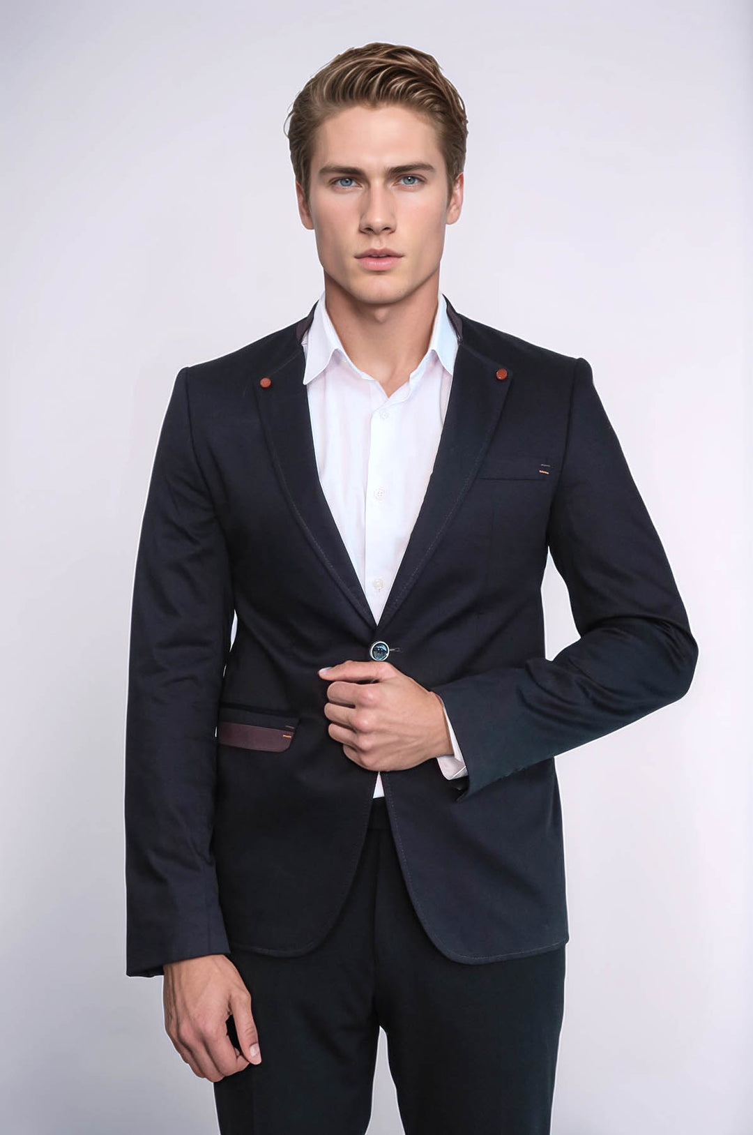 Single Button Standing Collar Black Men Blazer - Wessi