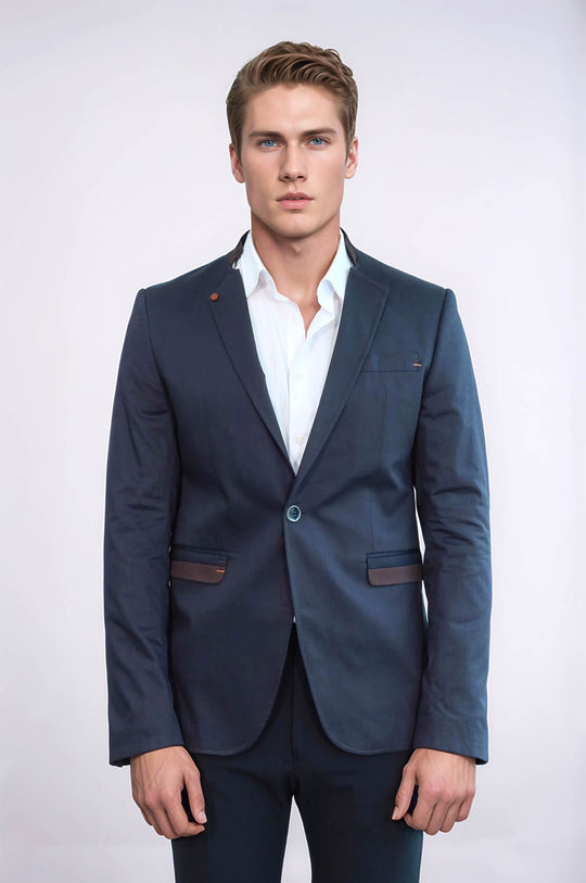 Темно-синий мужской пиджак с воротником-стойкой на одной пуговице - Wessi