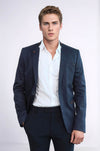 Single Button Standing Collar Navy Blue Men Blazer - Wessi