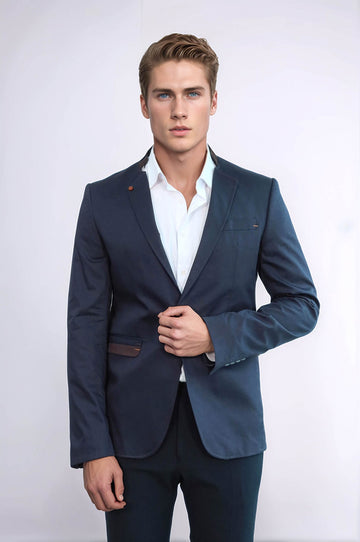Темно-синий мужской пиджак с воротником-стойкой на одной пуговице - Wessi