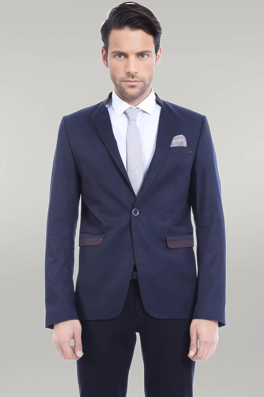 Single Button Standing Collar Navy Blue Men Blazer - Wessi