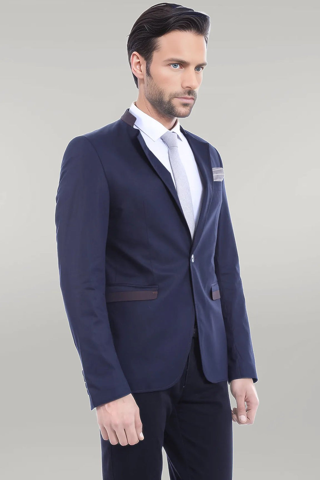 Single Button Standing Collar Navy Blue Men Blazer - Wessi