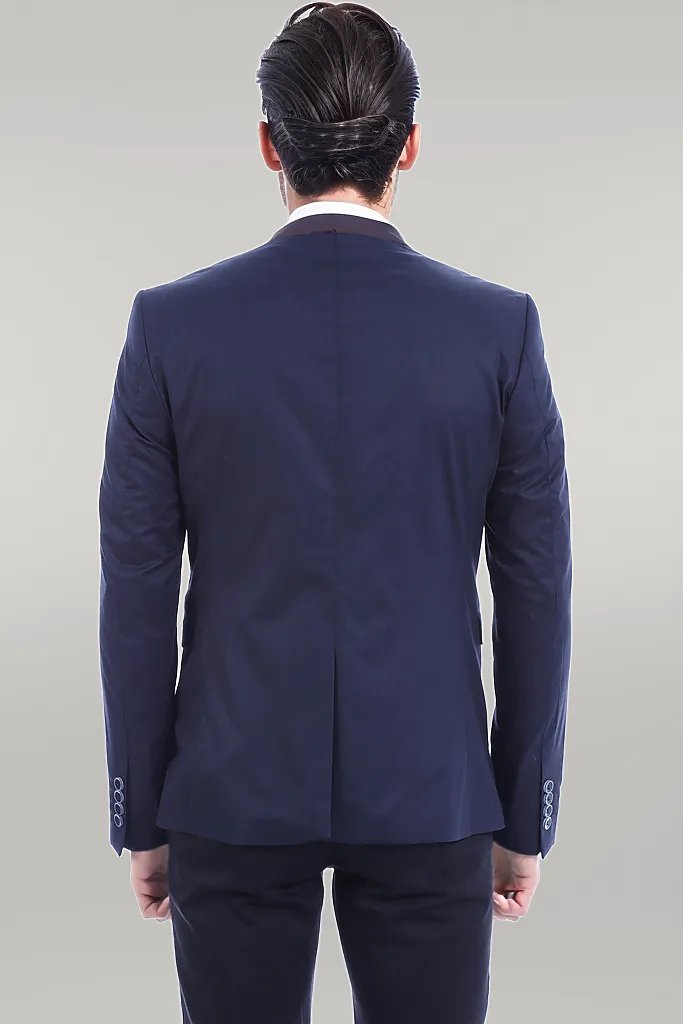 Single Button Standing Collar Navy Blue Men Blazer - Wessi