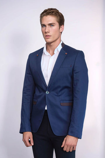 Single Button Standing Collar Navy Blue Men Blazer - Wessi