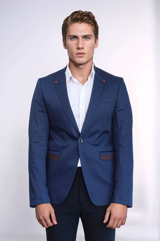 Single Button Standing Collar Navy Blue Men Blazer - Wessi