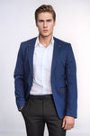 Single Button Standing Collar Navy Blue Men Blazer - Wessi