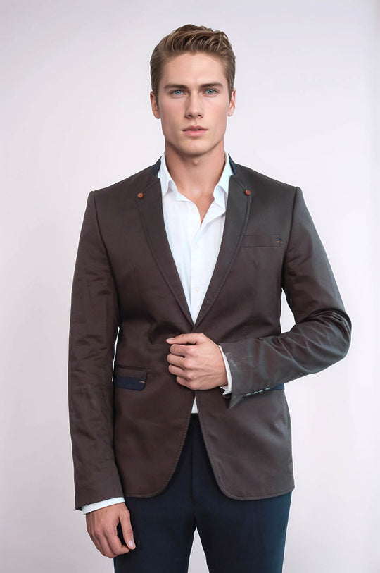 Blazer Homme Marron à Col Montant Simple Bouton - Wessi