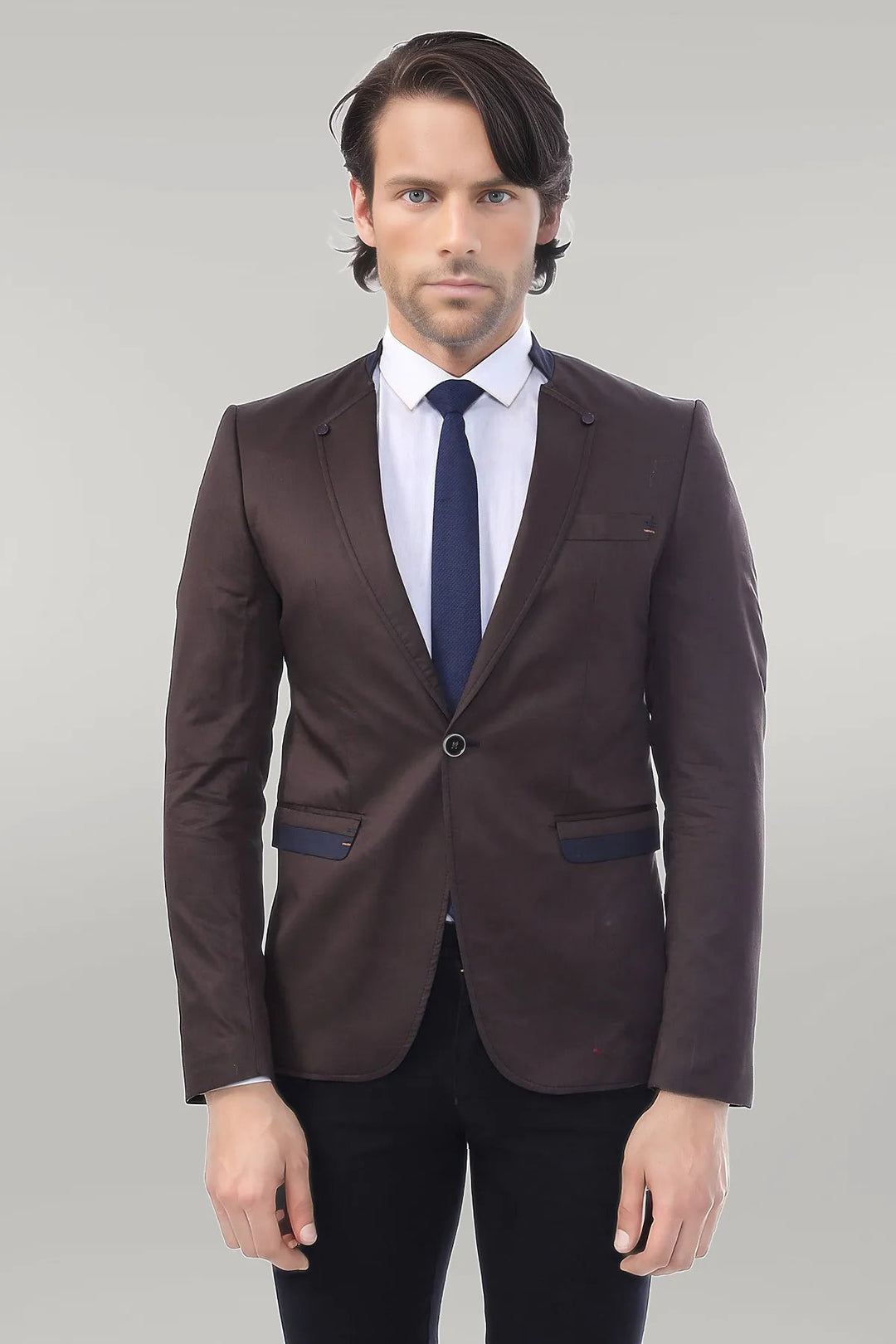 Single Button Standing Collar Brown Men Blazer - Wessi