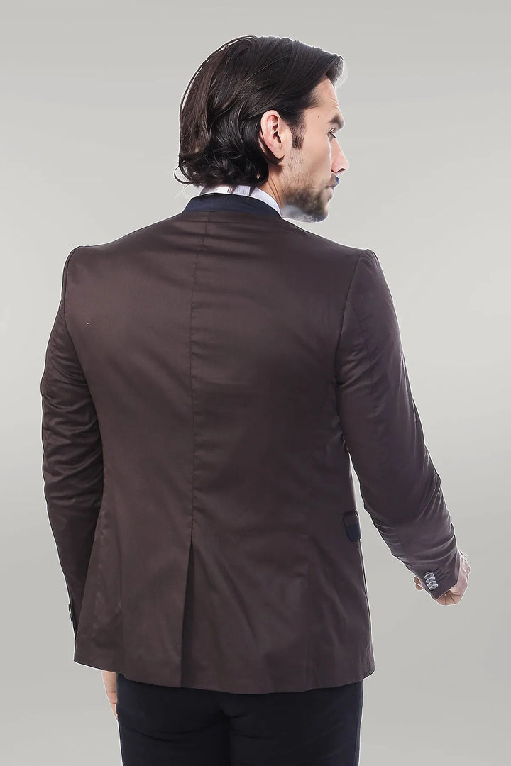 Single Button Standing Collar Brown Men Blazer - Wessi