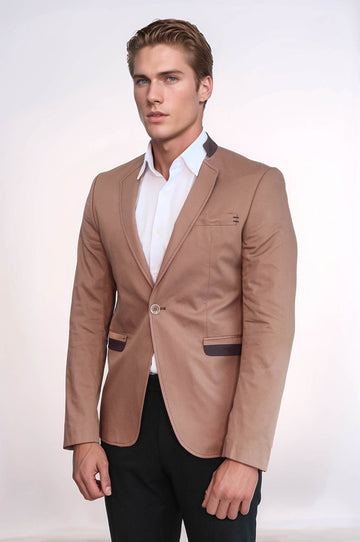 Single Button Standing Collar Beige Men Blazer - Wessi