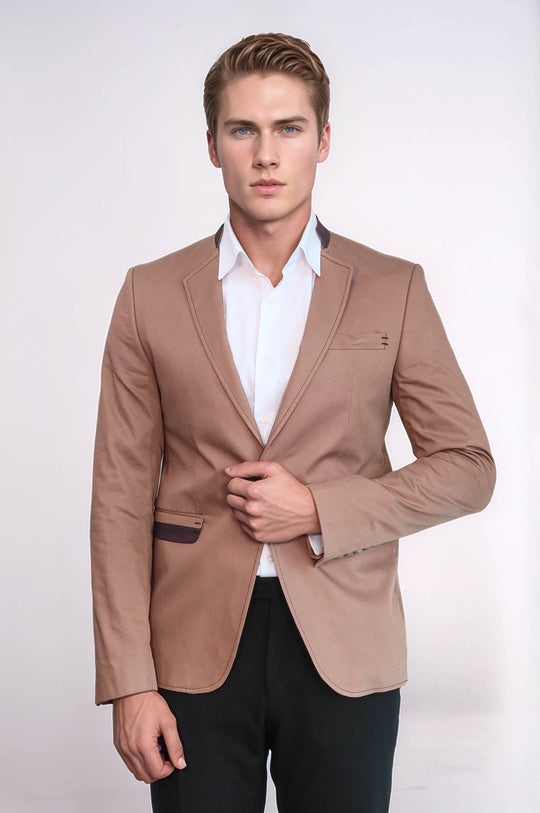 Single Button Standing Collar Beige Men Blazer - Wessi