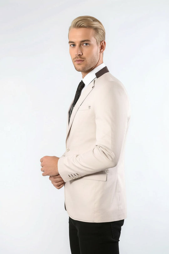 Single Button Standing Collar Cream Men Blazer - Wessi