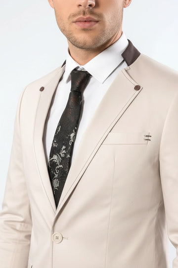 Single Button Standing Collar Cream Men Blazer - Wessi