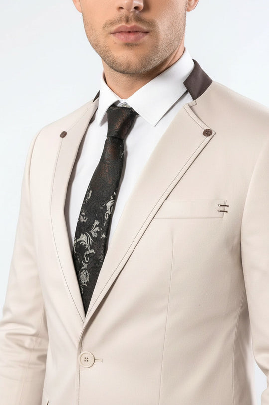 Single Button Standing Collar Cream Men Blazer - Wessi