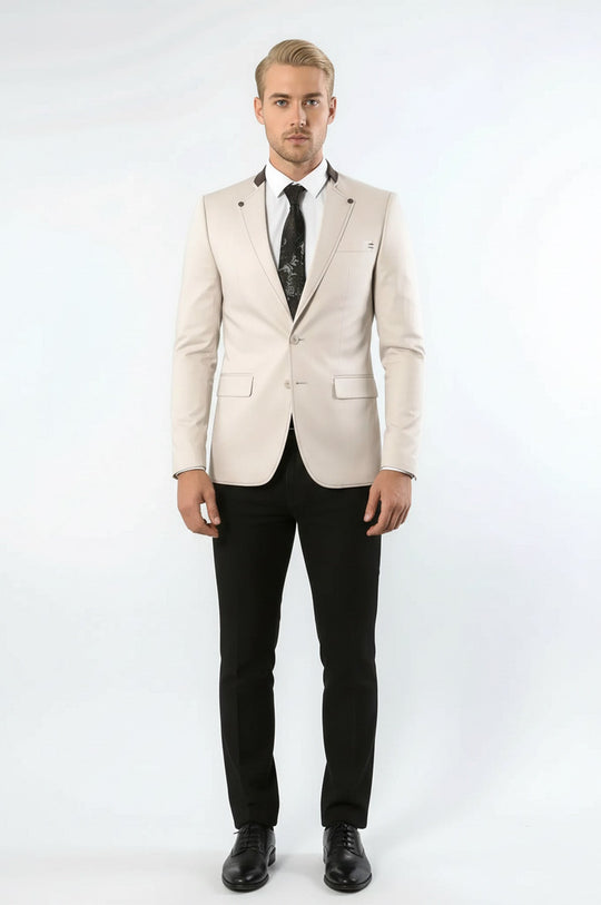 Single Button Standing Collar Cream Men Blazer - Wessi