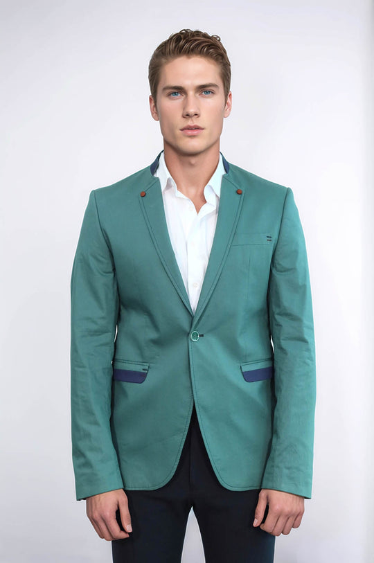 Single Button Standing Collar Green Men Blazer - Wessi