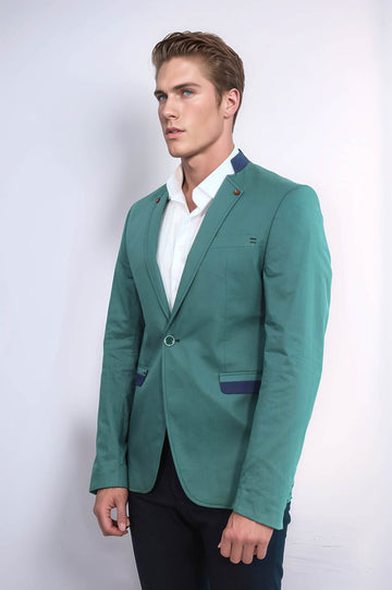 Single Button Standing Collar Green Men Blazer - Wessi