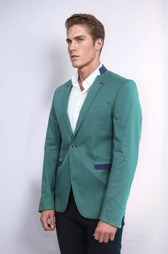 Single Button Standing Collar Green Men Blazer - Wessi