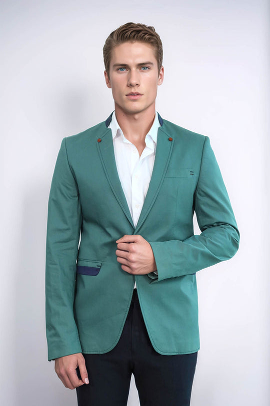 Single Button Standing Collar Green Men Blazer - Wessi