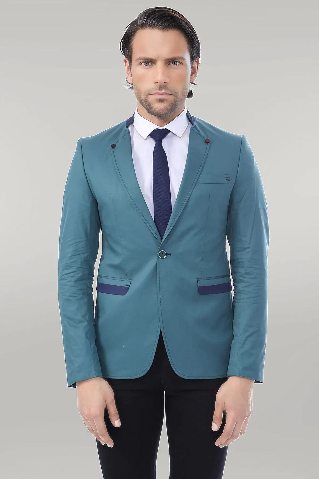 Single Button Standing Collar Green Men Blazer - Wessi