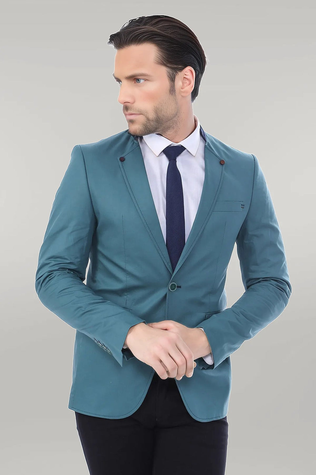 Single Button Standing Collar Green Men Blazer - Wessi